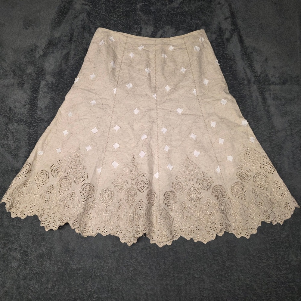 Peter Nygard Eyelet Skirt Womens 6 Linen Blend A-Line Oatmeal Cottagecore Boho